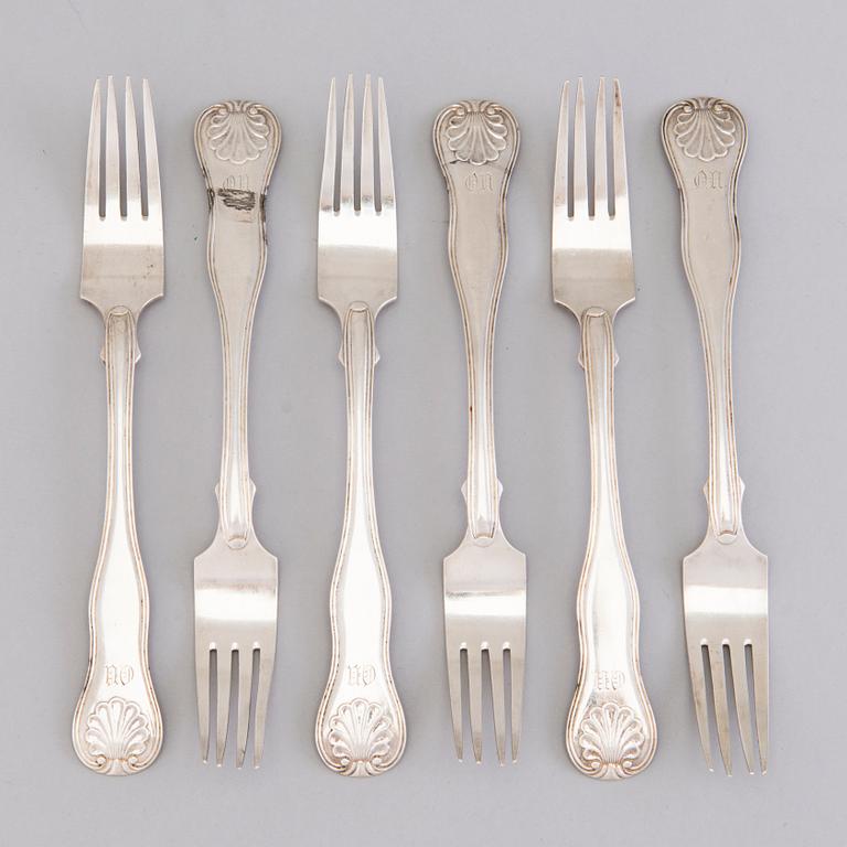 FREDRIK TIANDER, A set of six silver forks with shell decorations, Lovisa, Finland 1855.