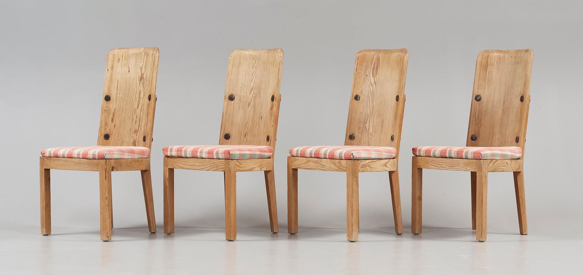 Axel Einar Hjorth, A set of four 'Lovö' pine chairs, Nordiska Kompaniet, NK, Sweden 1930's.