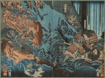 Utagawa Kunisada och Utagawa Kuniyoshi, träsnitt (triptyk resp diptyk).