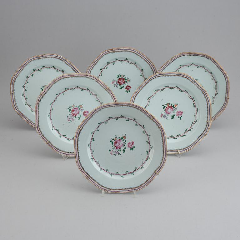 A set of 12 famille rose plates (6+6), Qing dynasty, Qianlong (1736-95).