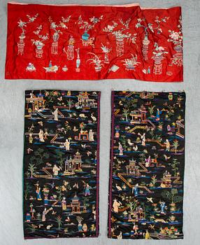 Three Chinese textiles, silk and cotton, 20th century.