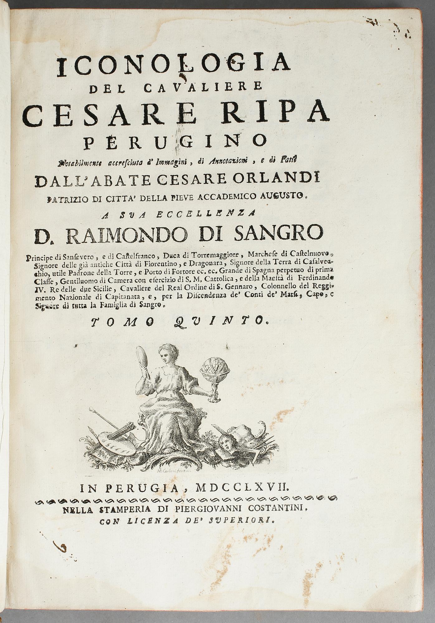 ICONOLOGIA DEL CAVALIERE CESARE RIPA PERUGINO, 5 vol, I-V. Perugia 1764-67.