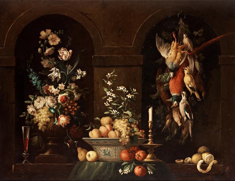 Still life with birds and flowers.