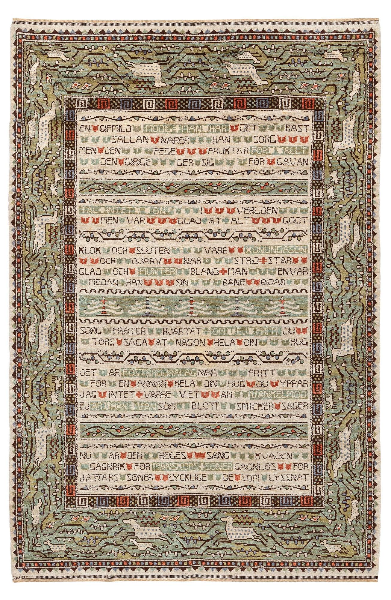 Märta Måås-Fjetterström, matta, "Ordspråksmattan" (Havamal), flossa, ca 341 x 223 cm, signerad AB MMF.