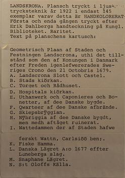 Erik Dahlbergh, after, coloured engravings, maps over Helsingborg and Landskrona, daterad 1679. Printed 1922.