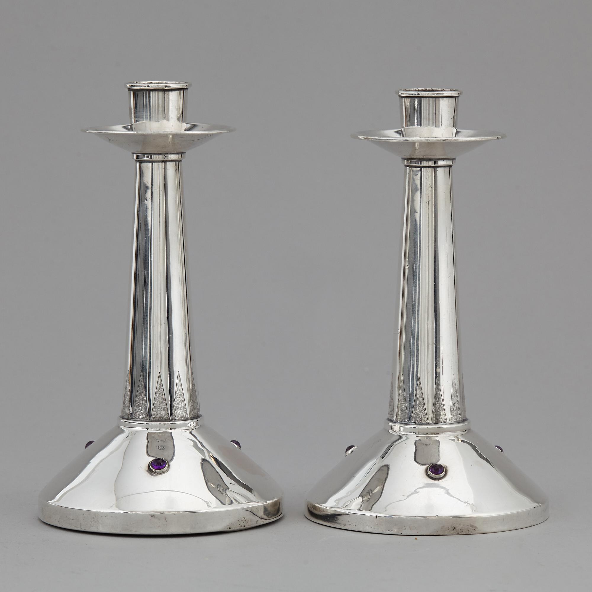 TAGE GÖTHLIN, a apir of silver and amethyst candlesticks, Tesi, Gothenburg 1960-61.