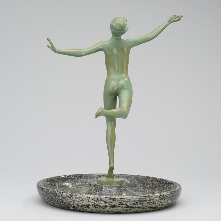 A Josef Lorenzl Art Deco green lacquered bronze figure of a nude, mounted to a marble dish, probably 1930's.