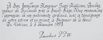 FOTOGRAFI MED DEDIKATION av Påven Paulus PP. VI, signerat och daterat 6.12.1973.