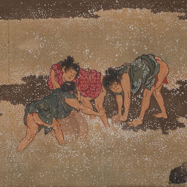 KATSUSHIKA HOKUSAI (1760–1849), efter, färgträsnitt på textil. Japan, "Shell Gathering", 1900-tal.