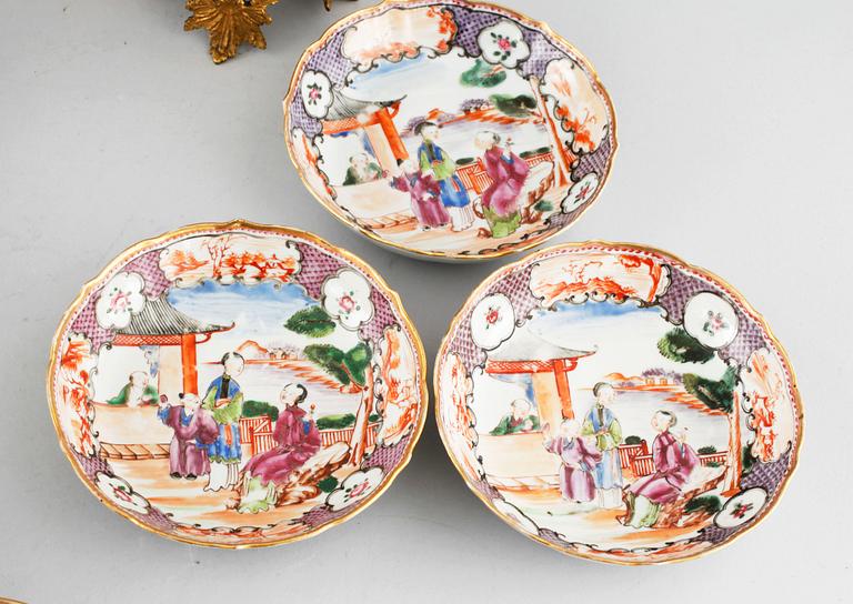 Three polychrome cups with barrels, three cups, one bowl with lid and one plate, Qing dynasty, 18/19th century.