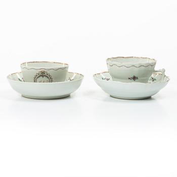 Cups and saucers, 11+7, and a teapot in famille rose with monogram, company porcelain, China, 18th century.