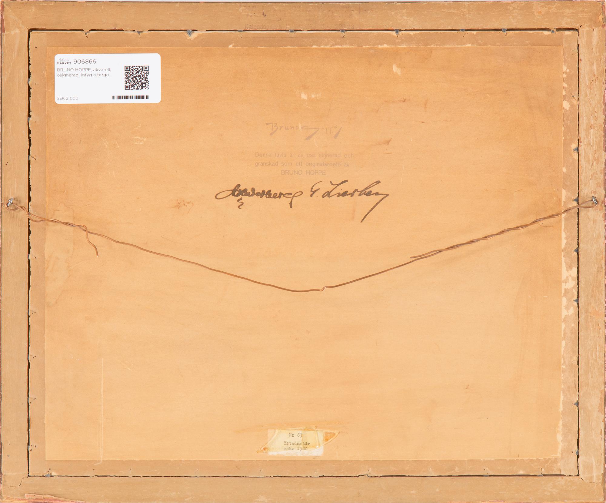 BRUNO HOPPE, water colour, not signed, certificate verso.