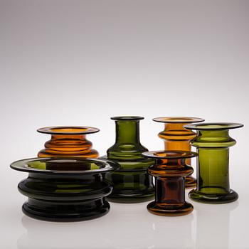 A set of six Novitas 2730/2733 glass vases signed TS, manufactured by Iittala in the 1960s.