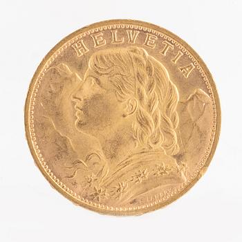 A Swiss gold coin, 20 Franc, 1935 LB.