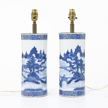 A pair of blue and white vases/lamps, early 20th century.