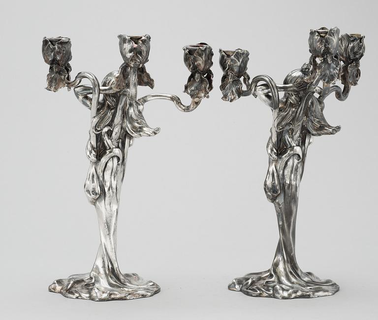 A pair of C. Bonnefond Art Nouveau white metal candelabra, Paris circa 1900.