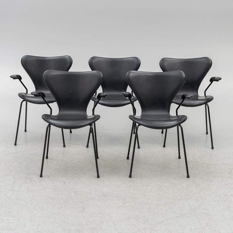 Arne Jacobsen, five 'Seven' armchairs, Fritz Hansen, Denmark, 21st century.