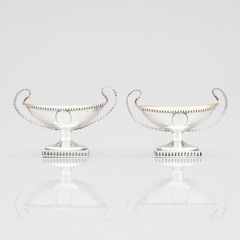 A pair of Swedish Gustavian 18th Century parcel-gilt silver salt cellars, Pehr Zethelius, Stockholm 1793.