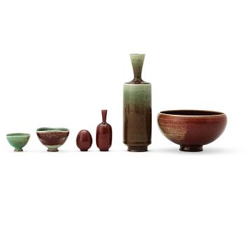 315. Berndt Friberg, a set of six miniature vases and bowls, Gustavsberg Studio one dated 1964.