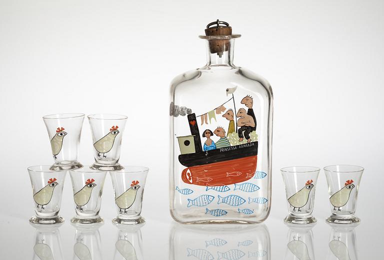 A  bottle and a set of seven glasses by Tapio Wirkkala, Iittala.