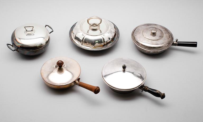SAMLING KAROTTER med lock, 5 st, nysilver, 1900-tal.
