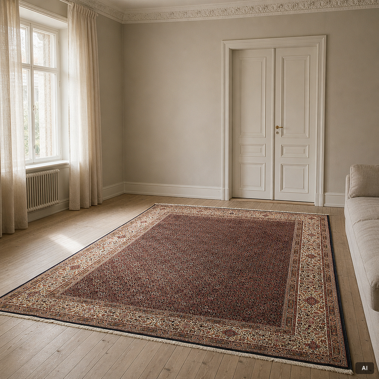 A Moud part silk carpet, signed, 335 x 250 cm.