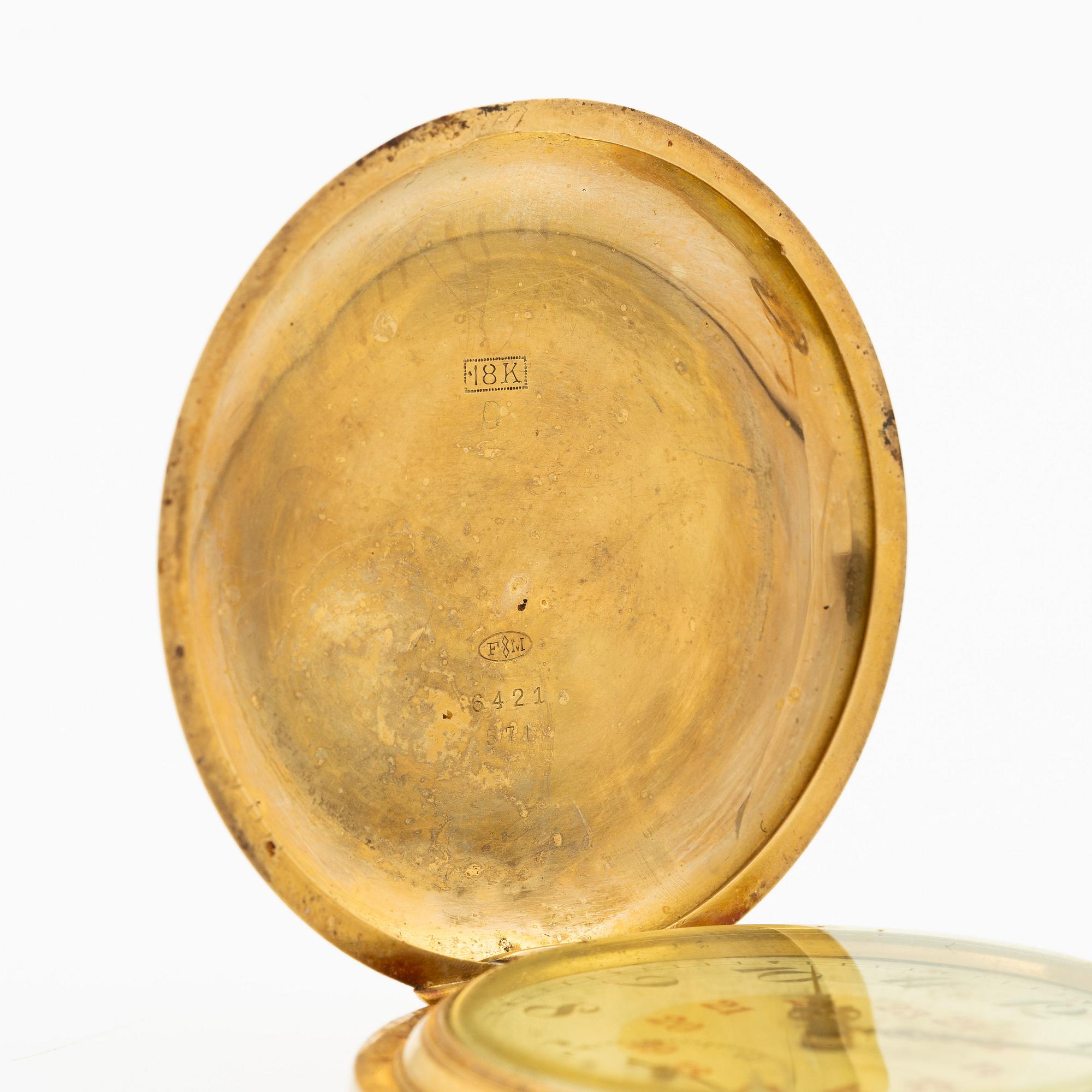 Pocket watch, hunter, 18K gold, chain 18K gold, 55 mm.