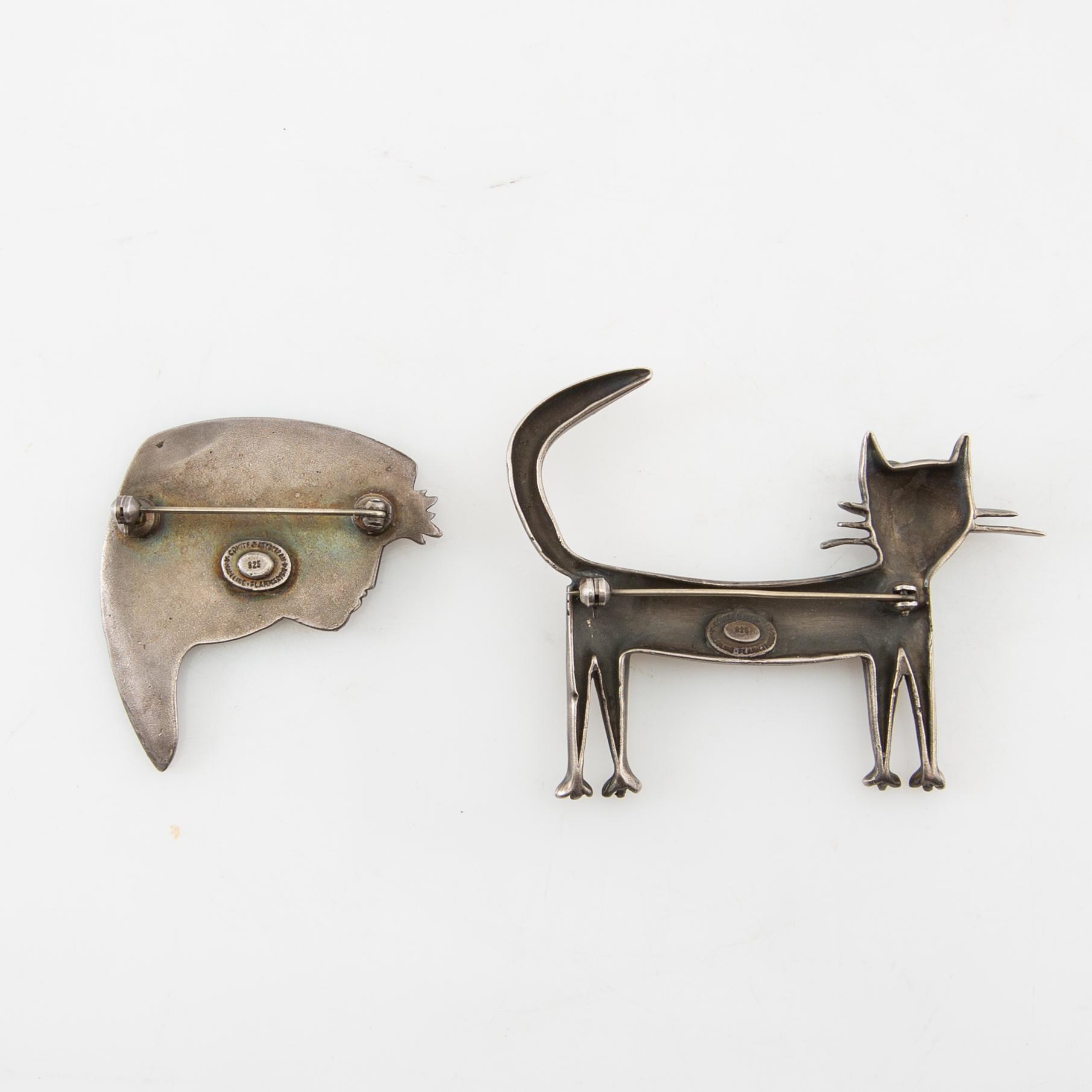 Jean Cocteau, brooches, 2 pcs, "Madeline Flammarion" and "Orpheus", silver.