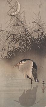 1161. Ohara Koson, A colour wood block print by Ohara Koson, (1877-1945), 'Heron under moon' Japan.