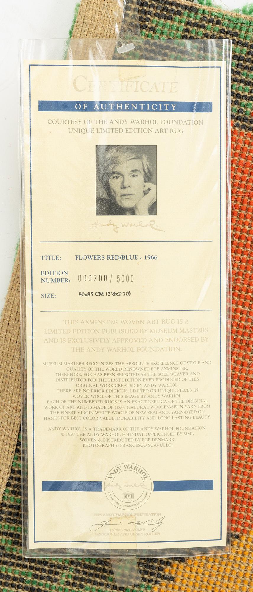 Andy Warhol, after, a tufted rug, 'Flowers Red/Blue', Ege Art Line, EGE Axminster A/S, Denmark, 1997, c. 85 x 80 cm.