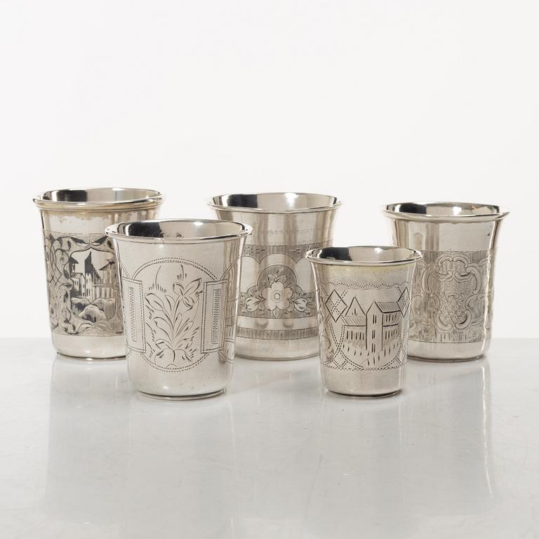 Bägare, 5 st, silver, Ryssland, 1800/1900-tal.