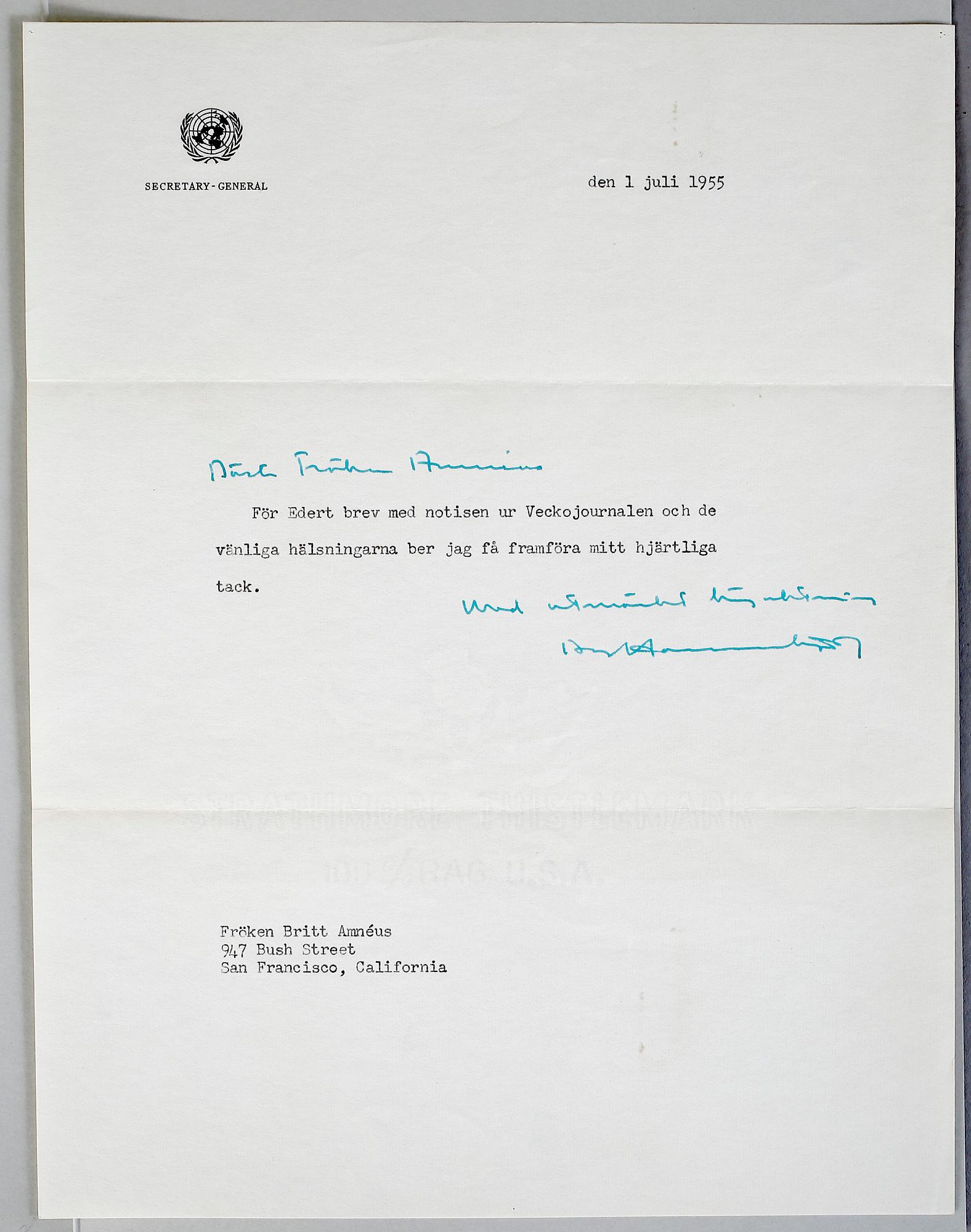 DAG HAMMARSKJÖLD (1905-61), brev med egenhändig hälsning och namnteckning, daterat 1 juli 1955.