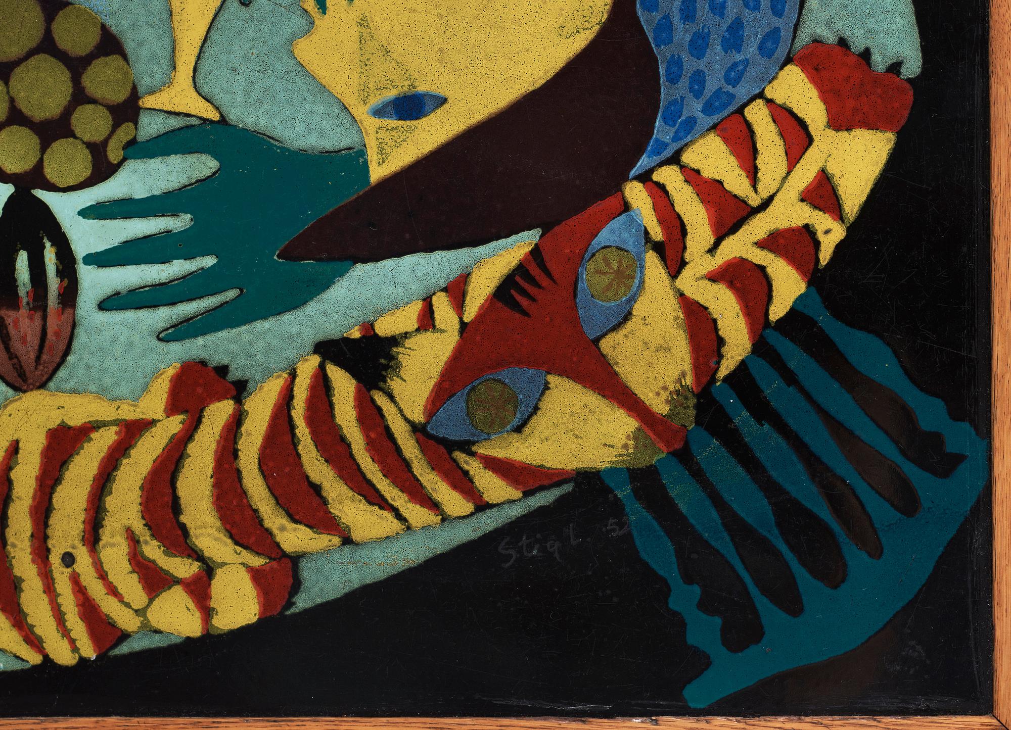 A Stig Lindberg and David Rosén enamel and oak sofa table, Gustavsberg and Nordiska Kompaniet, Sweden 1950's.