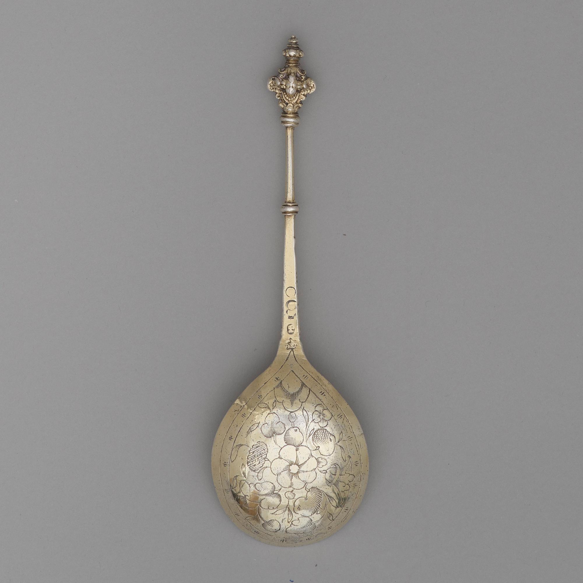 Michel Beck, sked med dubbel kerubknopp, silver, Stockholm 1630-1673, renässans.