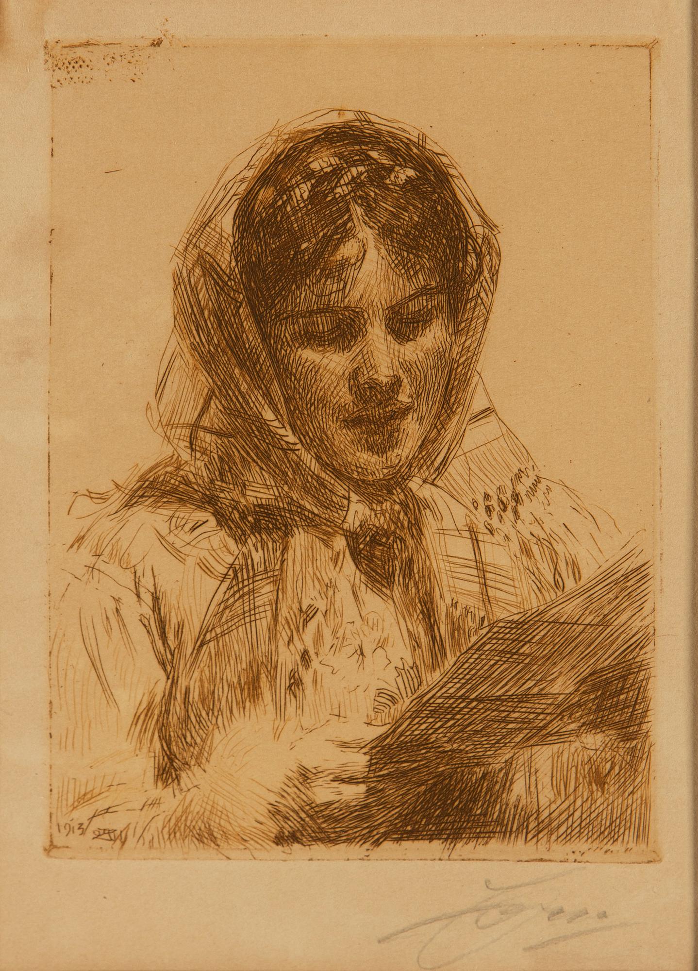 Anders Zorn, etsning, 1913, signerad i blyerts.