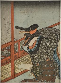 Oidentifierade konstnärer, färgträsnitt, shunga, albumblad, tre diptyker, Japan, 1800-tal.