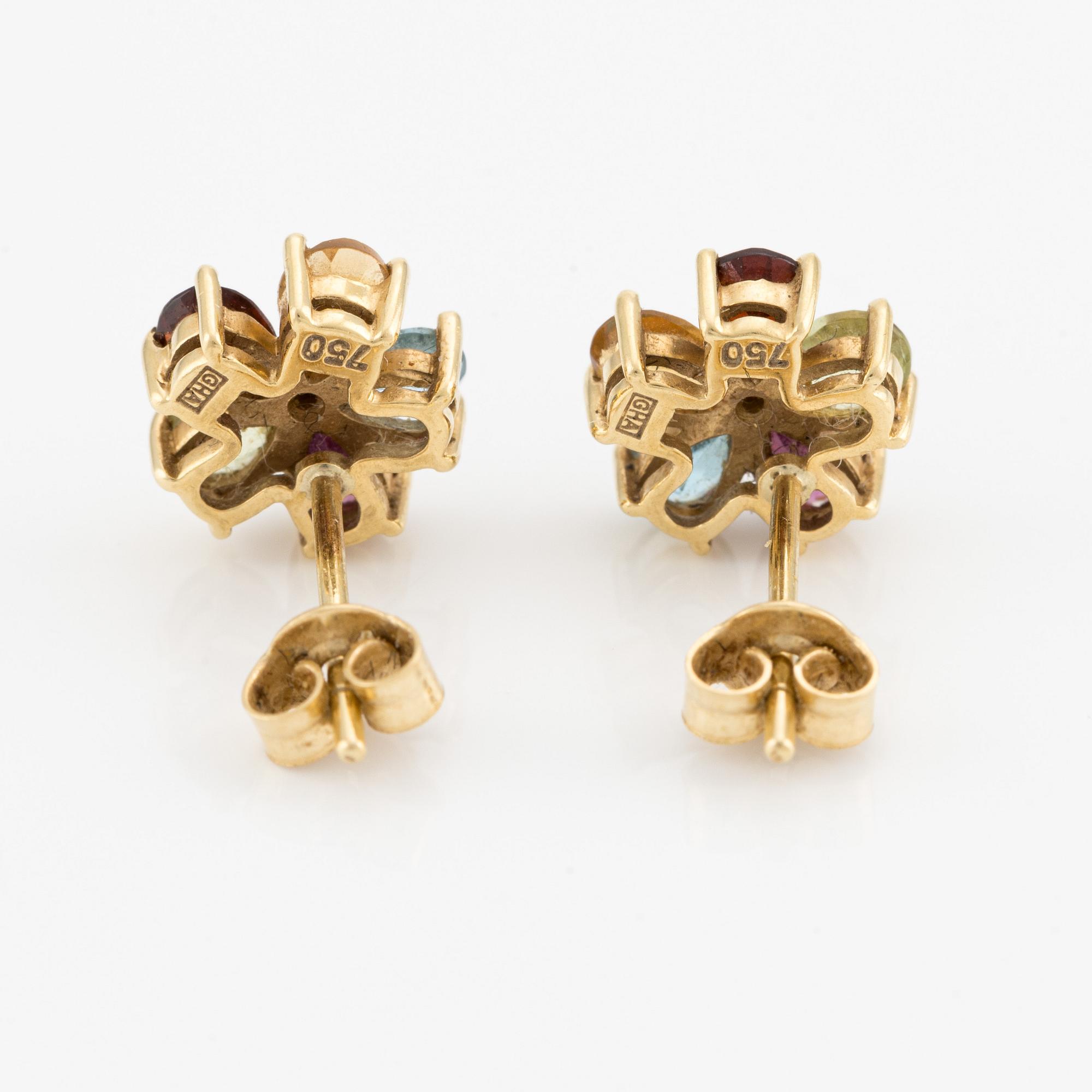 Örhängen samt hänge, 18K guld med bland annant peridot, topas och ametist och små diamanter.