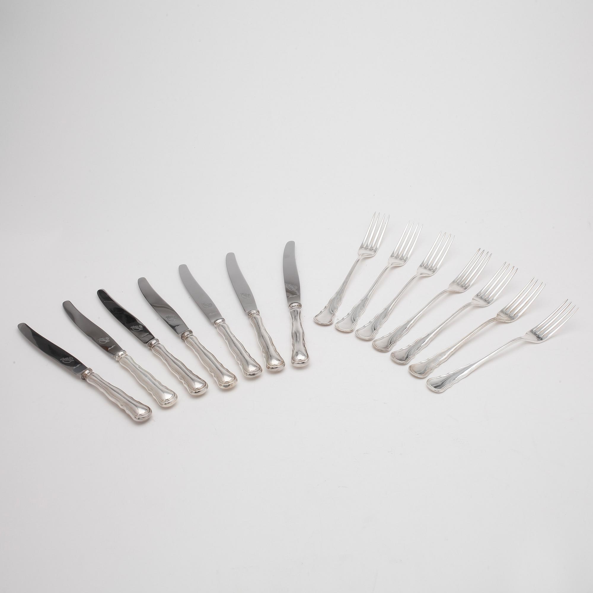 BESTICK, 7+7 delar, silver, C.G. Hallberg, 1940-tal. Totalvikt 1025g.