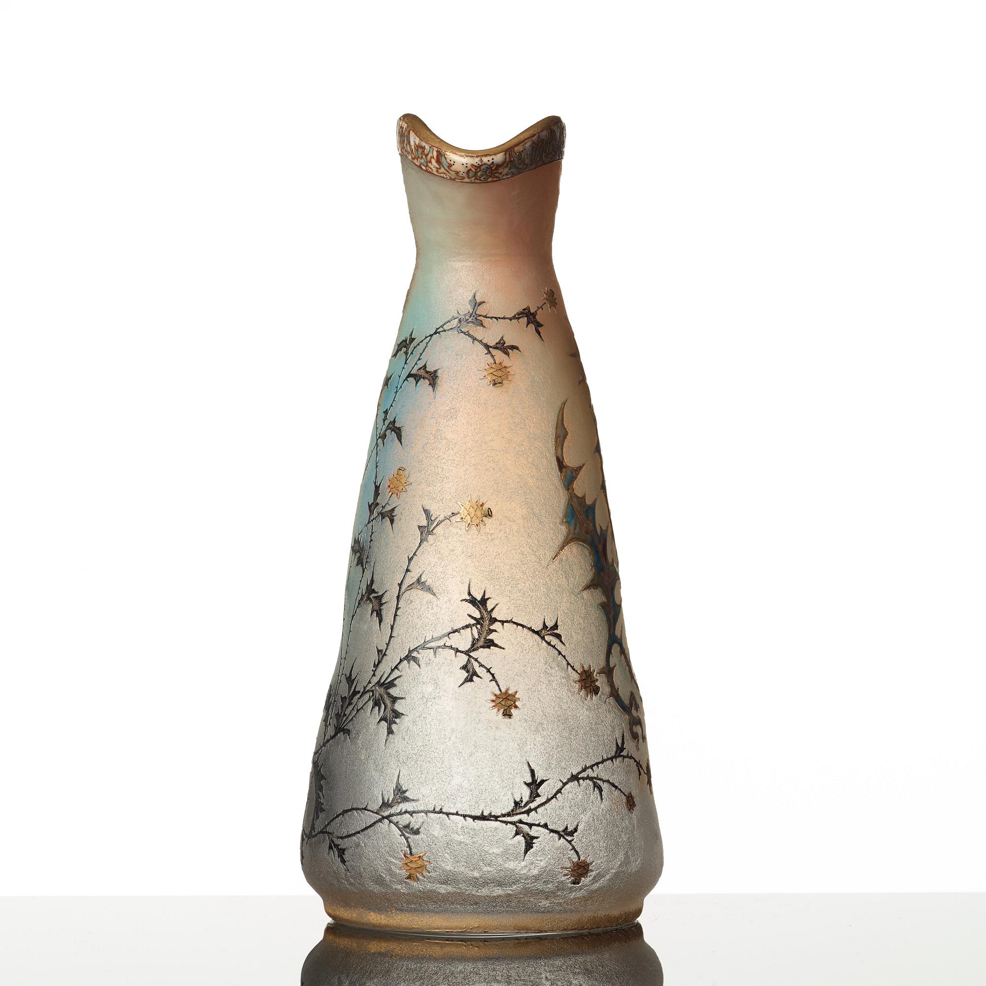 Daum, an opalescent etched and enamel painted glass vase, Nancy, France, 1890's.