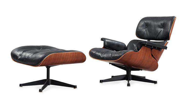CHARLES & RAY EAMES, "Lounge Chair and ottoman", Herman Miller, sannolikt 1950-60-tal.