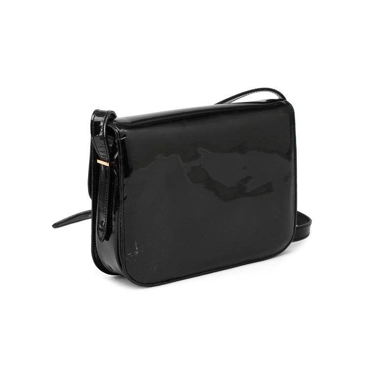 CÉLINE, a black patent leather cross-body bag.