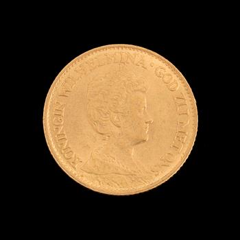 GOLD COIN, 10 gulden, Queen Wilhelmina, Netherlands 1913. Weight ca 6,8 g.
