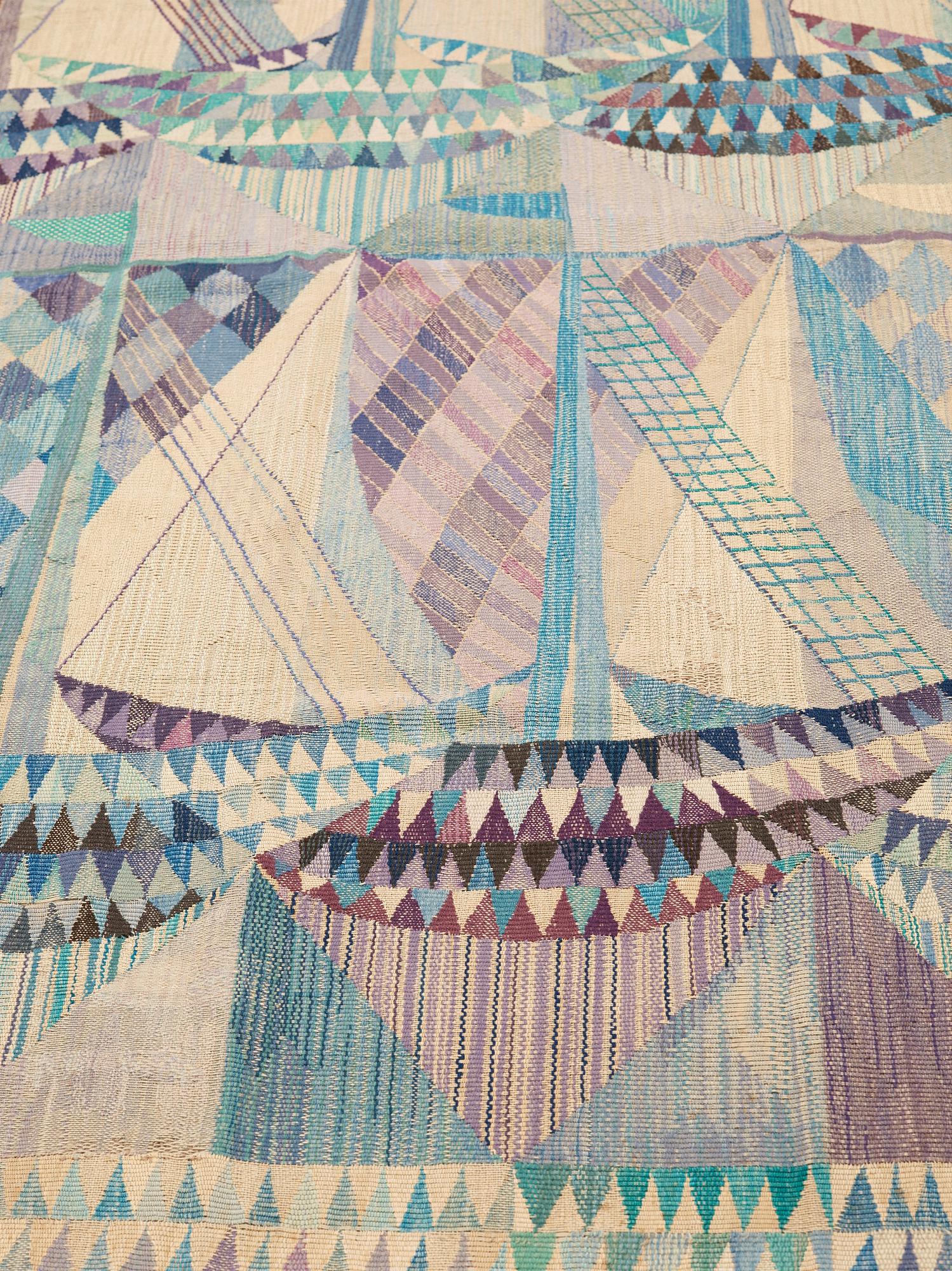 Marianne Richter, VÄVD TAPET. "Skutor, blå". Gobelängvariant. 211,5 x 151 cm. Signerad AB MMF MR.