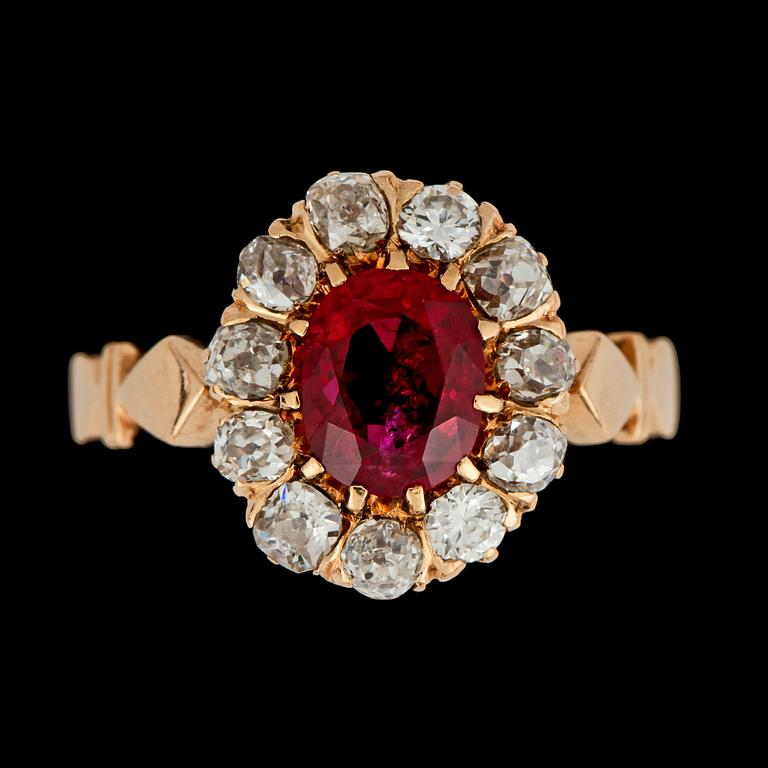 A ruby, 2.02 ct, and old-cut diamond ring. Total carat weight of diamonds circa 0.90 ct.