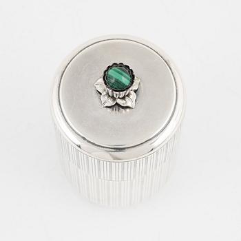 Tore Eldh, a silver and malachite lidded box, mark of K & EC, Göteborg 1951.