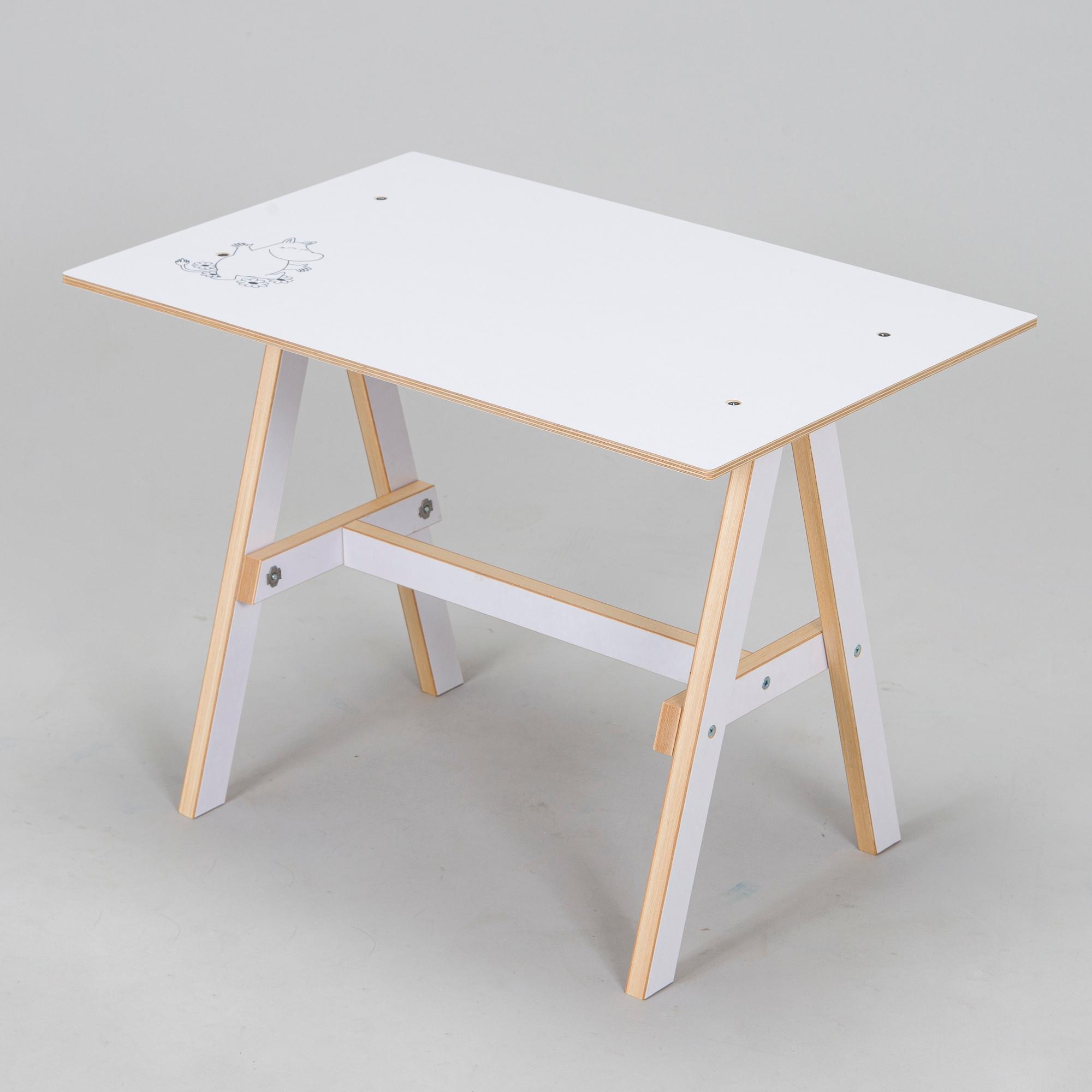 Yrjö Kukkapuro, Children's furniture, two 'Moomin S chairs'  and a table collaboration with Modeo and Moomin Characters.