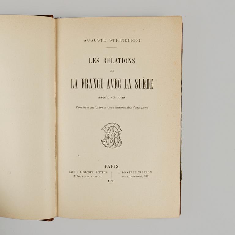 BOK, 2 exemplar "Les relations de la France avec la Suède" av August Strindberg, Paris 1891.