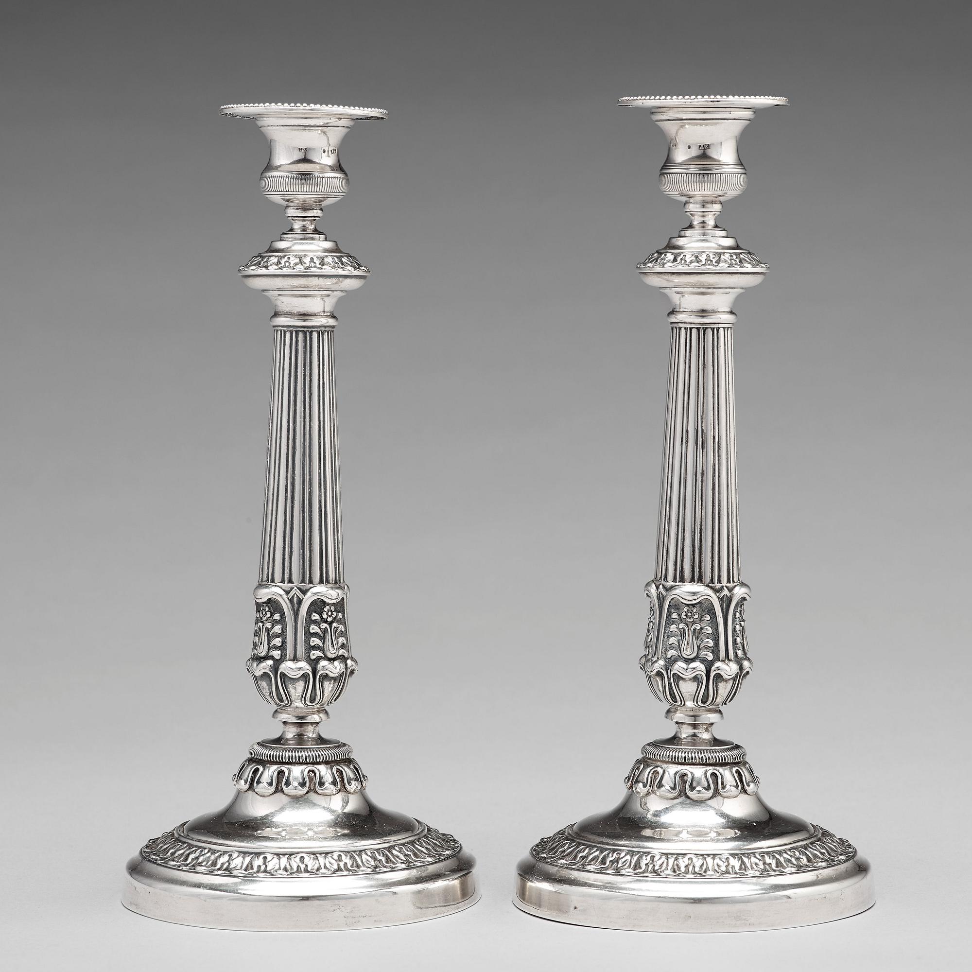 Adolf Zethelius, ljusstakar, ett par, silver, Stockholm 1838. Empire.