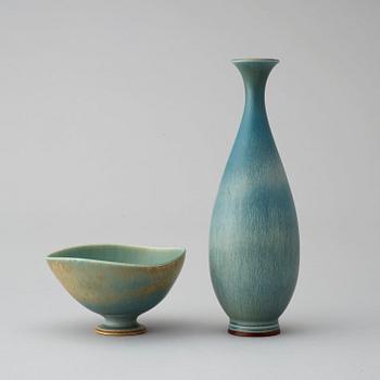 A Berndt Friberg greyish blue stoneware vase and a bowl, Gustavsberg Studio, one dated 1963.