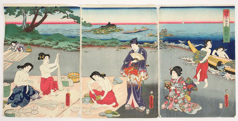 UTAGAWA KUNISADA TOYOKUNI III, Triptyk, träsnitt, 1800-talets andra hälft.